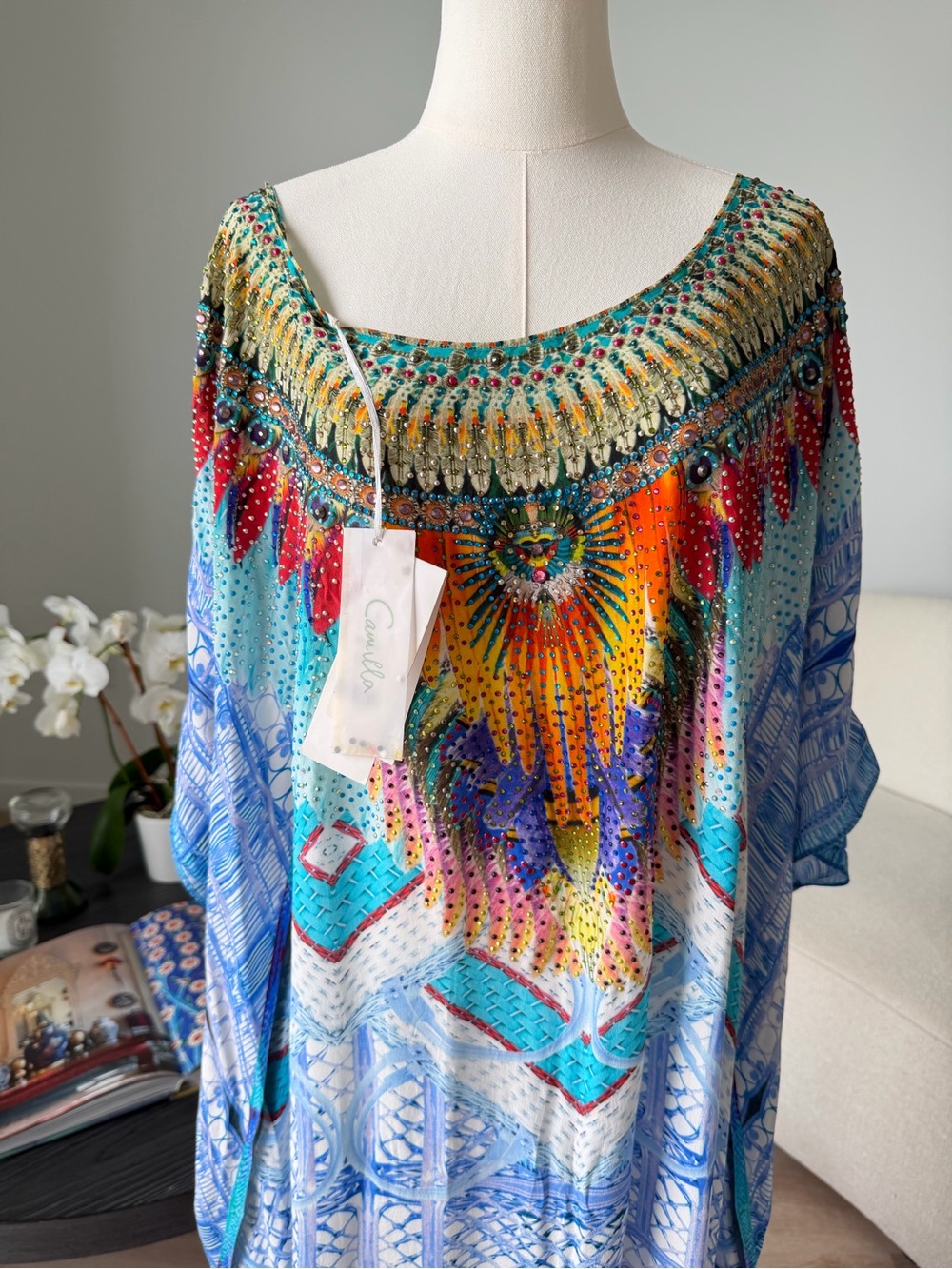 Camilla Silk Crystal Embellished Caftan Kaftan One Size NWT $600 Resort Cover Up - Picture 11 of 17
